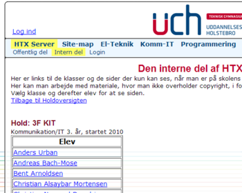 Liste over klassen, hvor der er link til ens egen mappe på HTX-serveren - her den Interne del