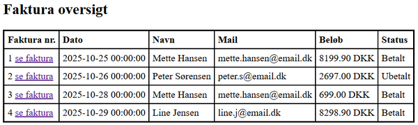 Eksempel på tabel med faktura oversigt